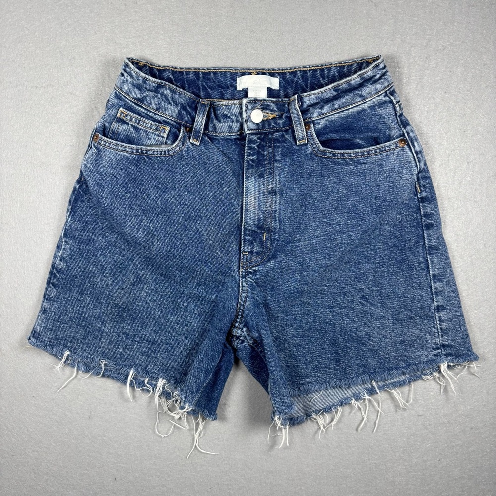 H&M High Rise Jean Shorts Size 4 Frayed Raw Hem Blue Denim Cutoff Vintage Worn